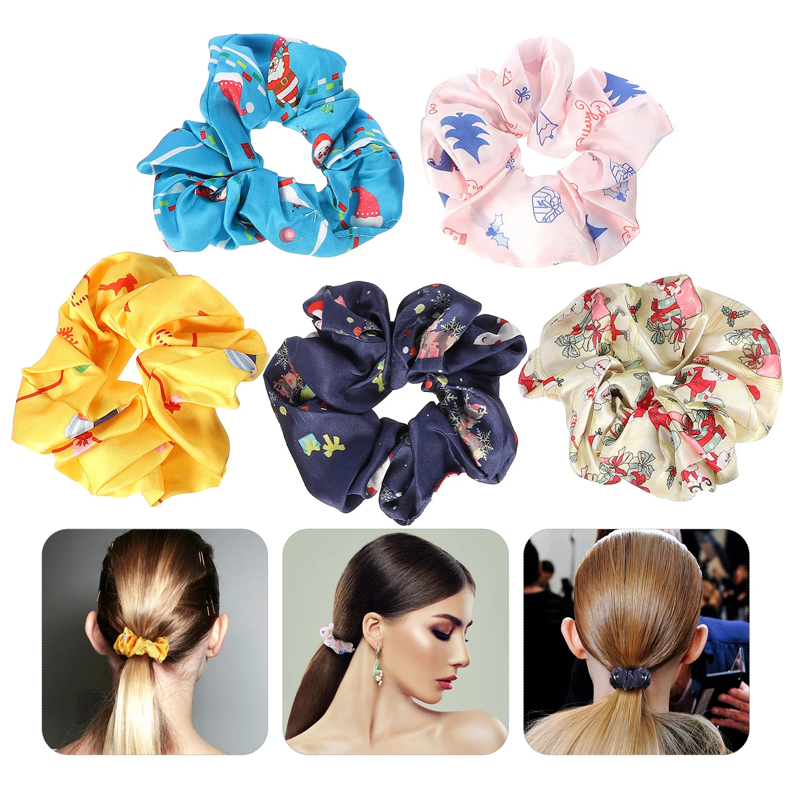 

5Pcs Hair Rings Christmas Pattern Elastic Fabric Scrunchies Ponytail Holders for Women Girls Durable Gifts Birthdays Photo