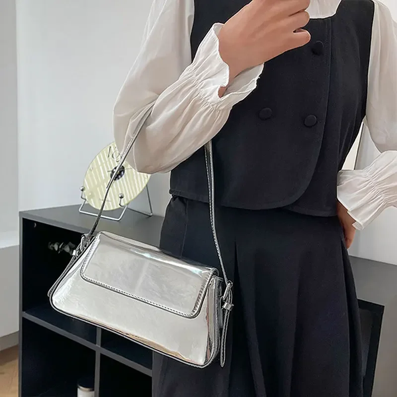 

New PU Leather Handbag Luxury Designer Small Tote Bag Women Silver Armpit Bags Ladies High Quality Fashion Shoulder Bag