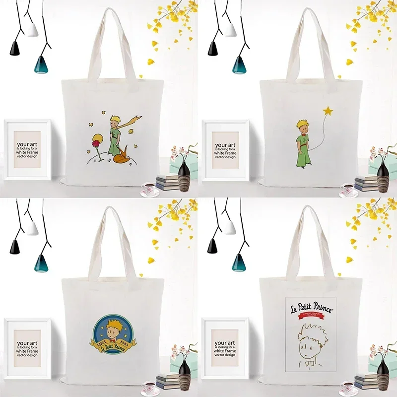 Cute Cartoon Tote Bag Canvas Tote Bag Little Prince Serial Printed Text Daily Use Diy Eco Reusable White Shopping Bag