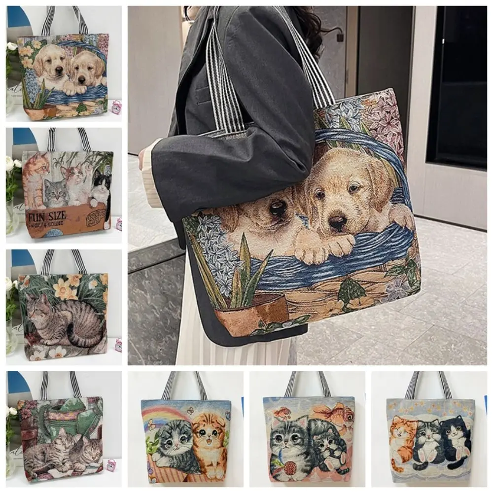 Dog Ethnic Style Handbag Simple Embroidery Large Capacity Cute Cat Cloth Bag Handbag Canvas Animal Shoulder Bag Students