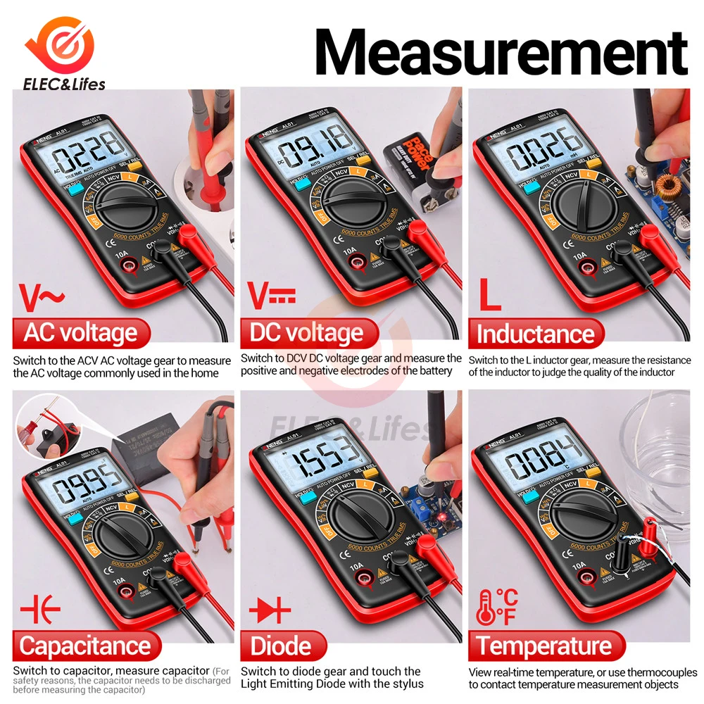 AL01L Inductance Digital Multimeters True RMS NCV Handheld 6000 Counts Tester AC/DC Votage Current Resistance Ohm Tool