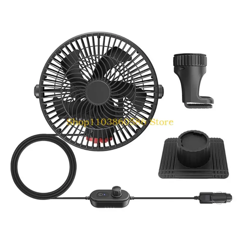 242A 12V 24V Vehicle Dashboard Fan with Power Plug, Speed Knob Fan Guard Clip and Base Mount Suitable for Cab Cooling