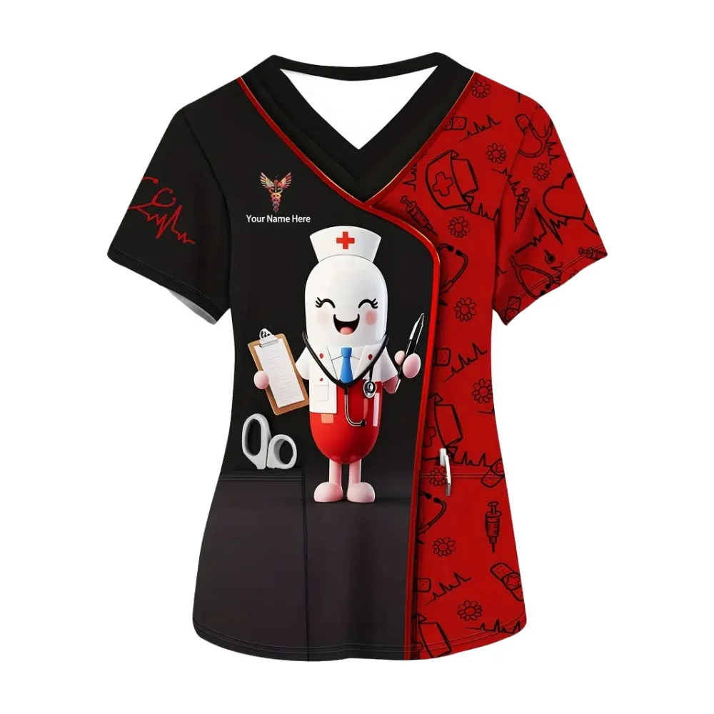 الزي الجراحي امرأة مريحة الخامس الرقبة قصيرة الأكمام جيوب أمامية مزدوجة قمم الممرضة تنوعا طباعة الزي السريري امرأة