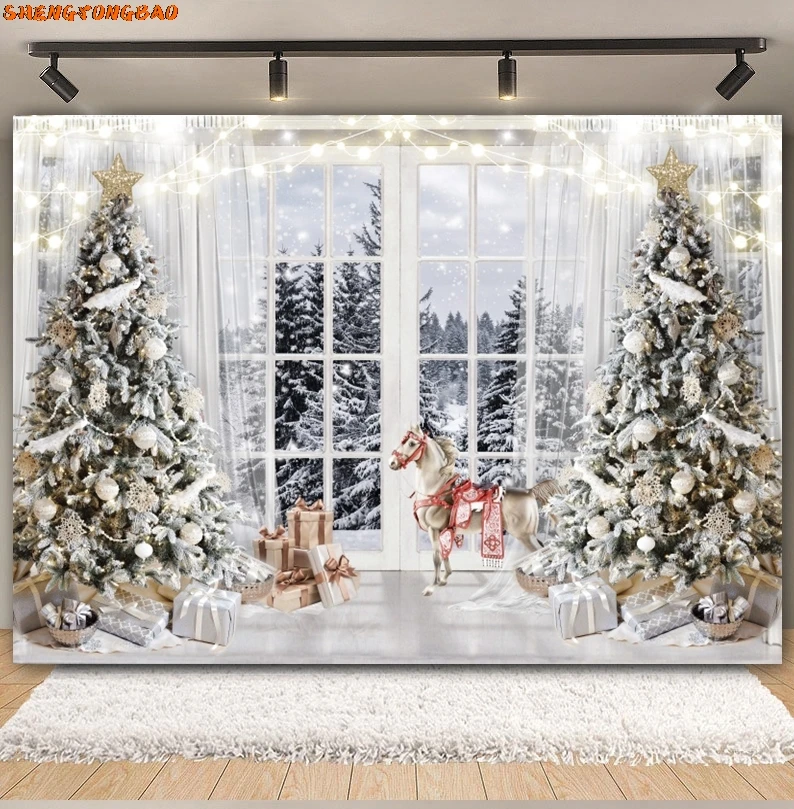 Christmas Backdrop Xmas Tree Winter Window Fireplace Santa Claus Gift Family Portrait Photography Background Decor Photo Studio
