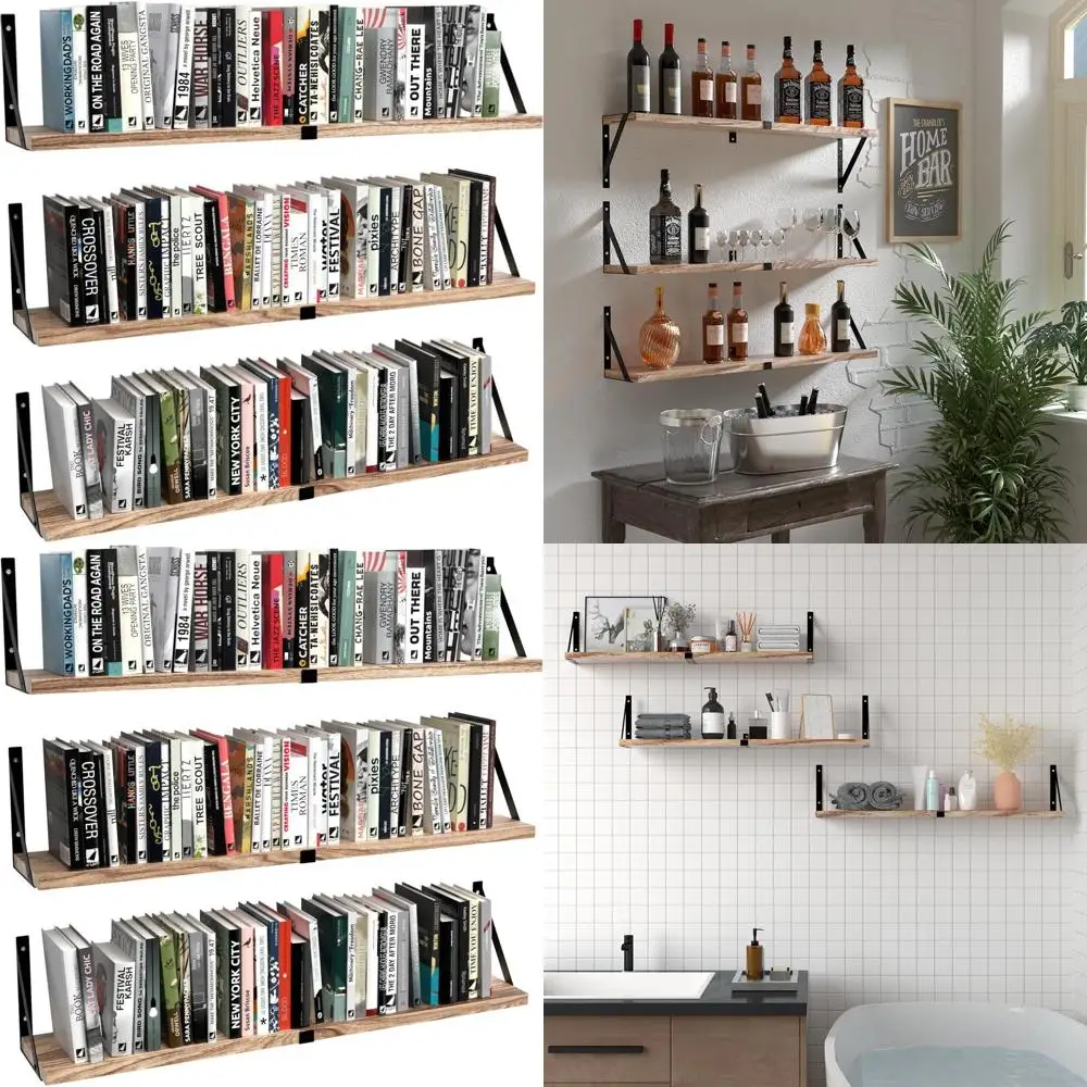 

Set of 3 Light Brown Floating Shelves, 33 Long Wooden Wall Mount Storage for Home and Office