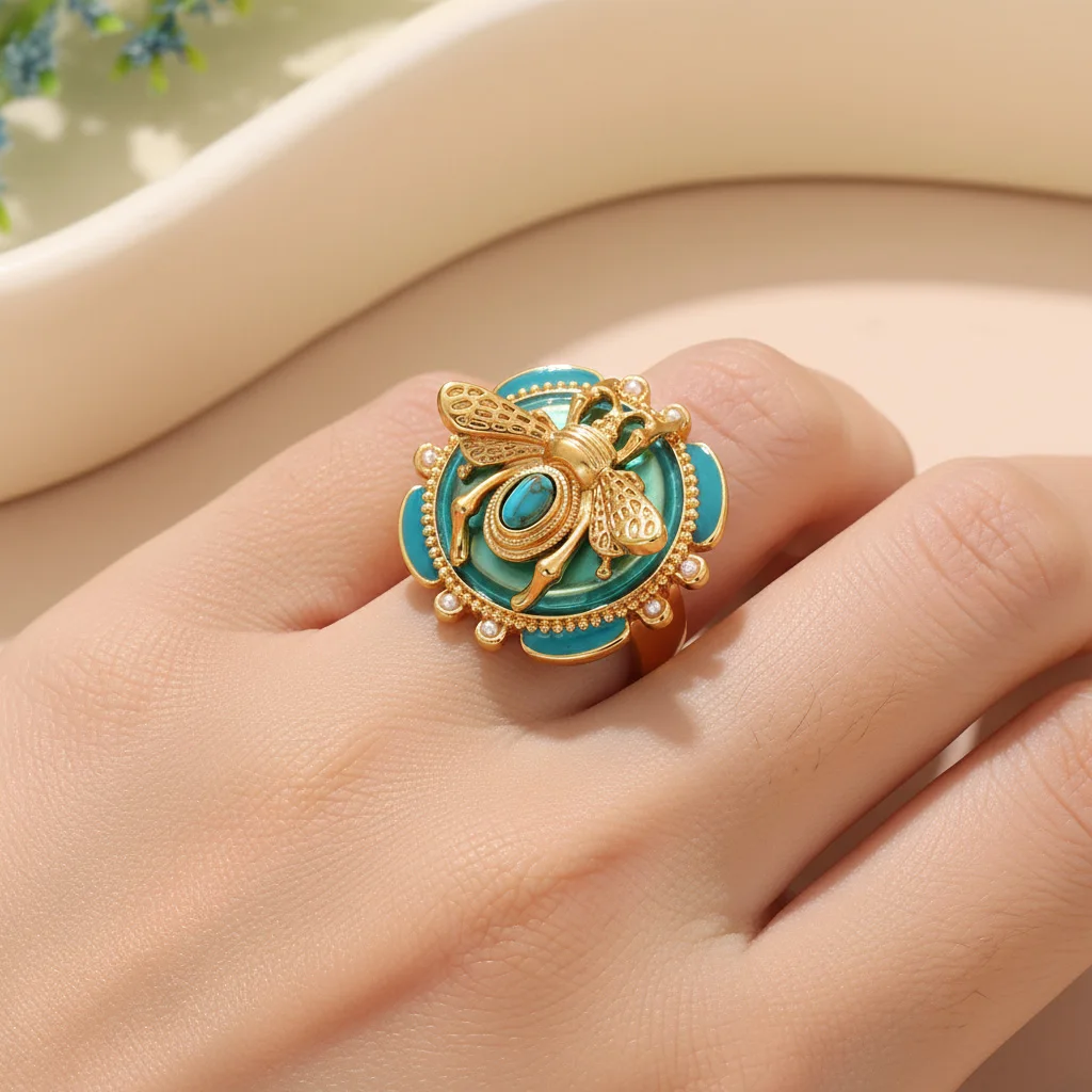 Elegant Green Enamel Bee Ring - Gold Plated Open Cuff Ring with Turquoise & Pearl Beads - Fashion Jewelry Gift