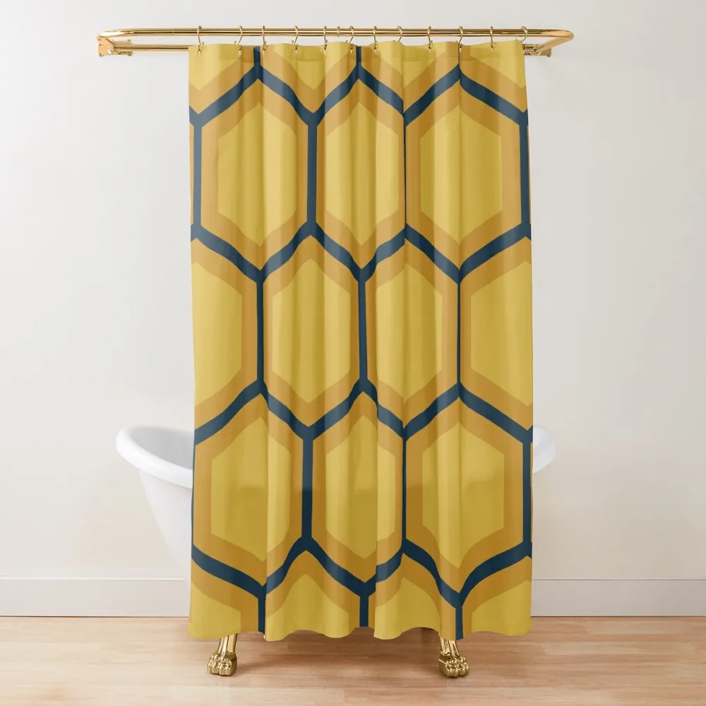 

Mustard Yellow and Navy Blue Geometric Honeycomb Pattern Shower Curtain Funny Shower Waterproof Shower Curtain