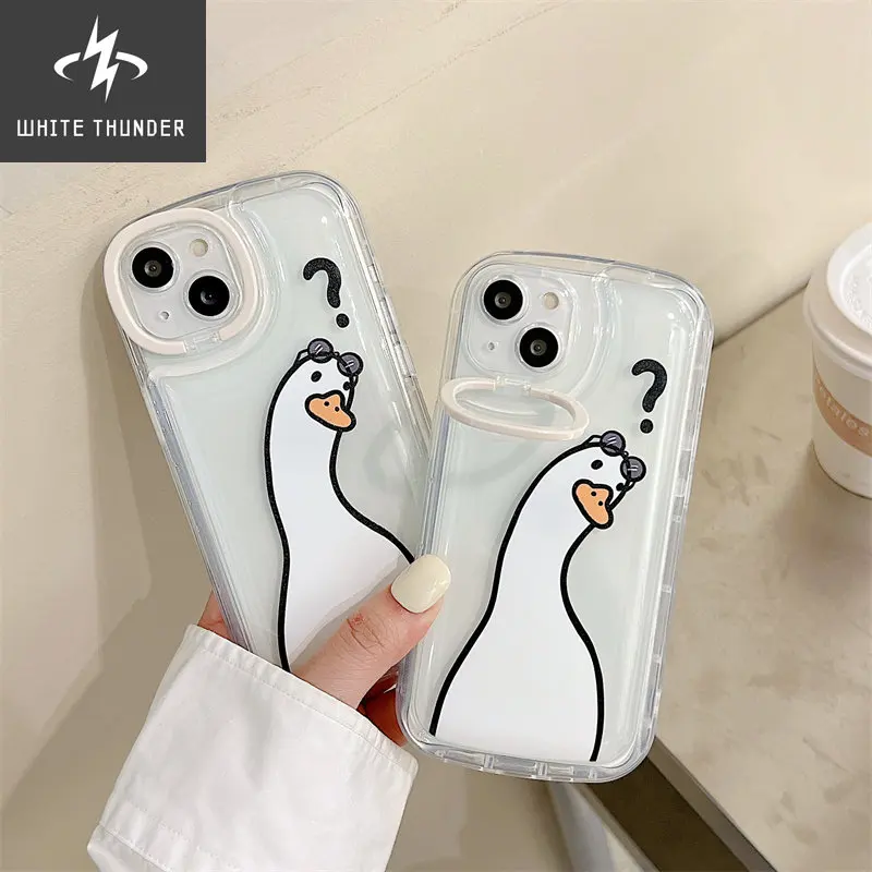 Creative Funny Cartoon Question Mark Duck with Lens Holder Air Cushion Anti-fall Shell For iphone 11 12 13 Pro Max Phone Case