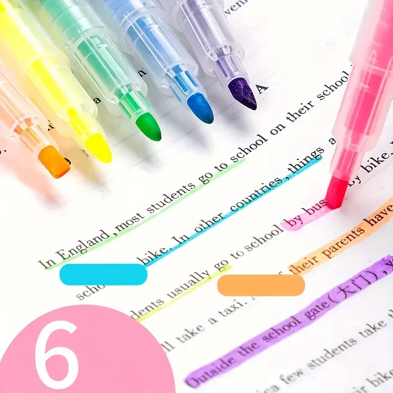 6Colors Dual-ended Marker Highlighters, Slim and Chisel Tips, for Organized Note-taking and Textbook Marking