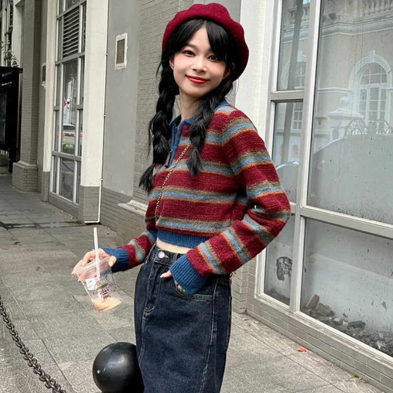 Pullovers Women Striped Students Kawaii Retro Daily Loose Designer Autumn Cozy Sweater Casual Korean Style Sweet Girlish Simple