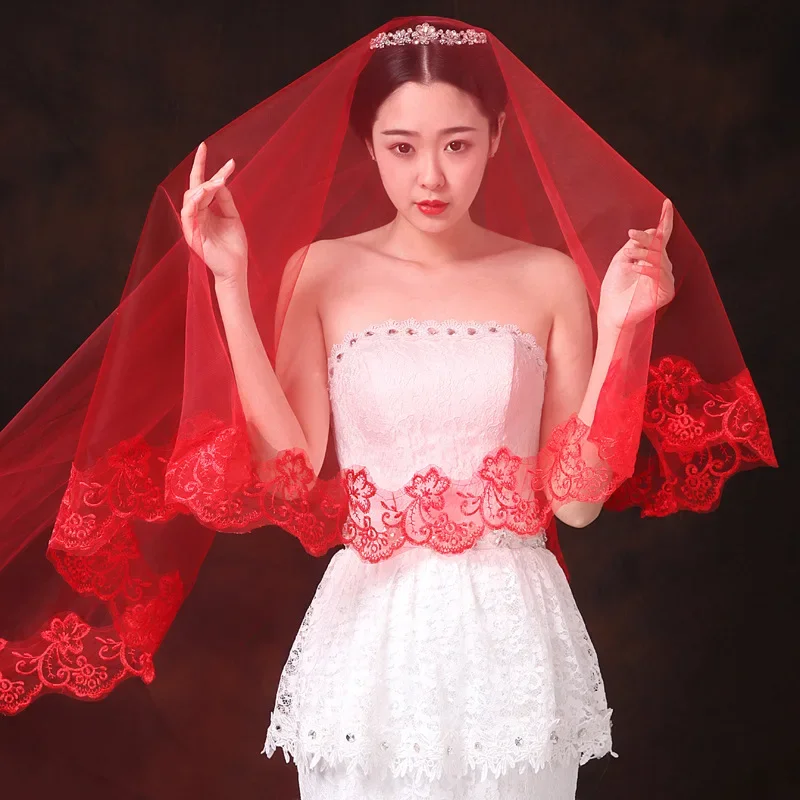 One-Layer Women Girl Red  Wedding Veil Embroidery Floral Lace Trim Halloween Cosplay Costume Sheer Hair Accessories