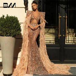 Sexy Illusion Long Evening Dress With Long Cape Sleeve Rhinestones Beaded Formal Dresses For Women Handsewn Exquisite Party Gown