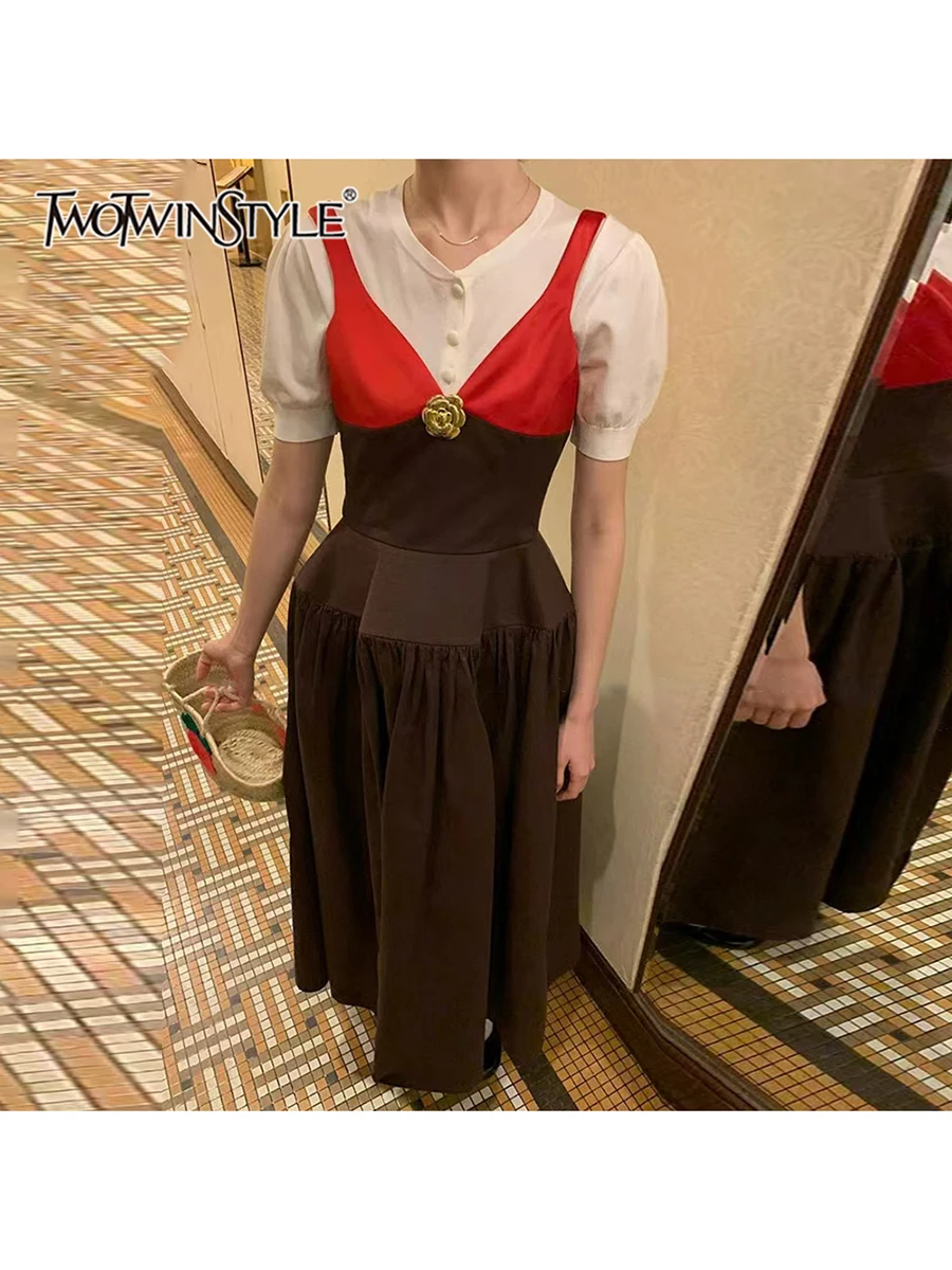 

TWOTWINSTYLE Hit Color Slimming Dresses For Women O Neck Short Sleeve High Waist Temperament Spliced Button Long Dress Female