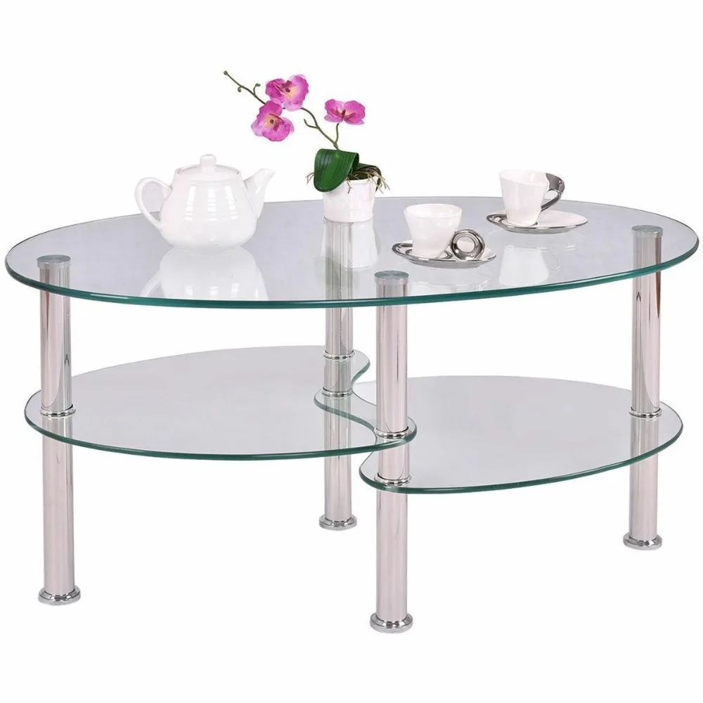 

Clear Glass Oval Side Coffee Table Shelf Chrome Base Living Room Furniture