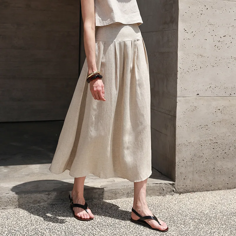 French White Skirt Women Summer Linen High Wasit Elegant Vintage A-line Casual Fashion Streetwear Office Lady Faldas Long Skirts