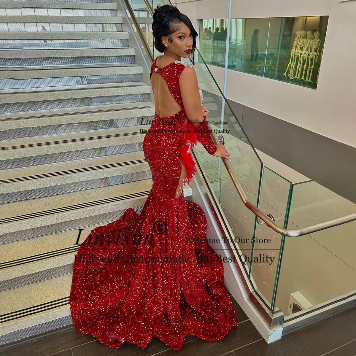 Glitter Crystal Red Long Mermaid Prom Dress For Black Girls Sparkly Rhinestones Evening Dress Formal OPen Back Party Gowns