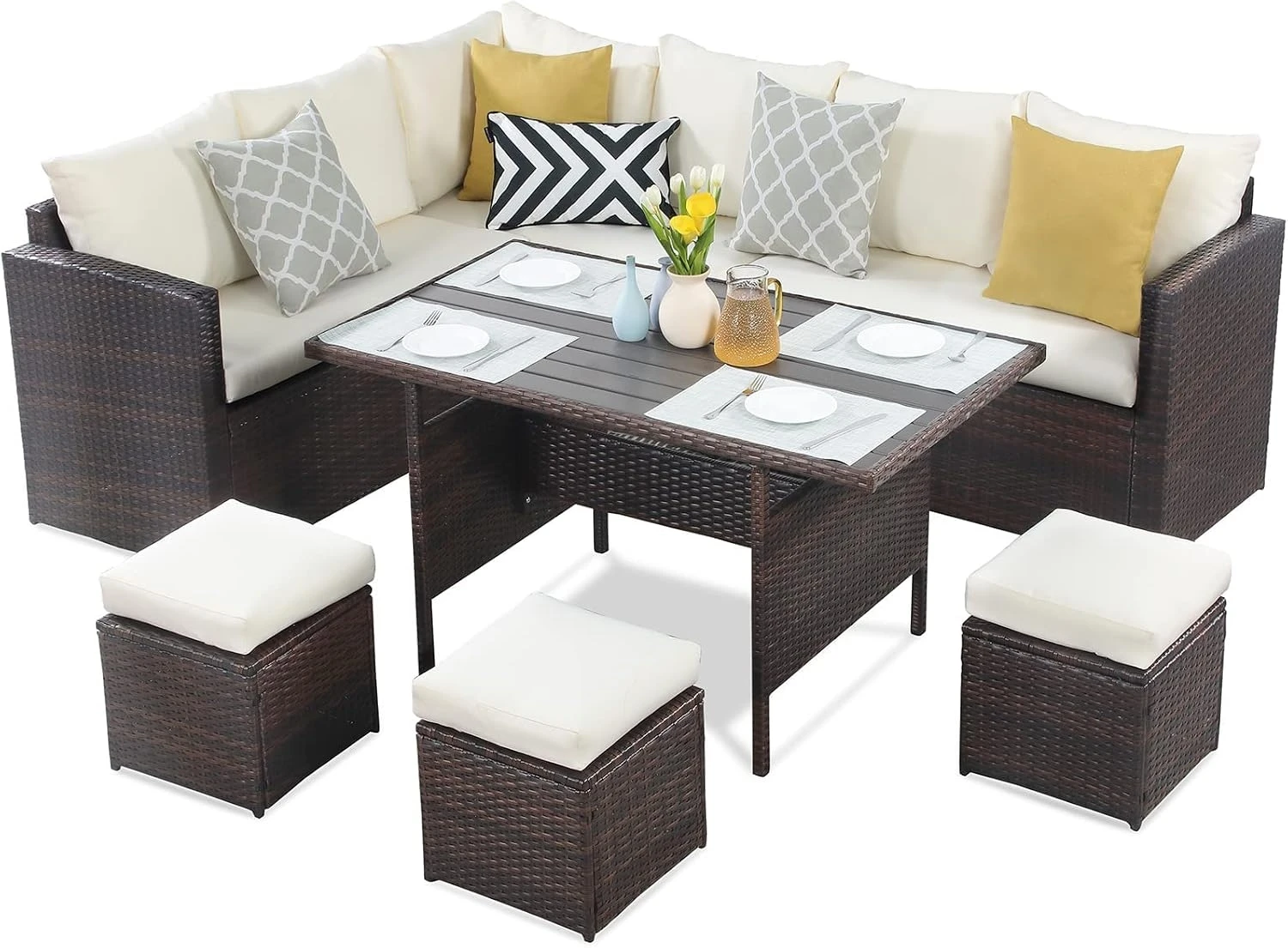 7 Piece Outdoor Wicker Patio Furniture Set, PE Rattan Sectional Sofa with Wood Plastic Table & Ottomans, Steel Frame, Beige Cushions