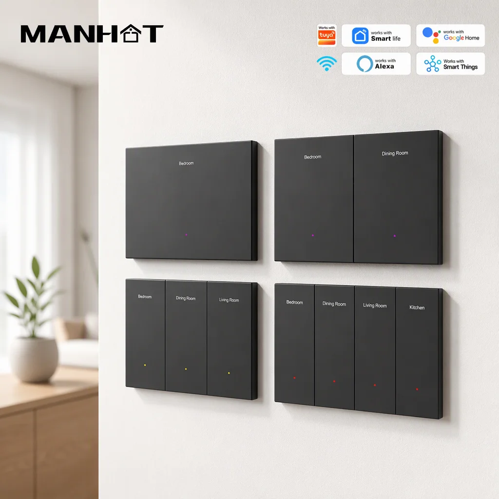 MANHOT Wifi Smart Horizontal DIY Name Switch 1/2/3/4 Gang Display Screen Wall Light Push Button Work with Tuya Alexa Google Home