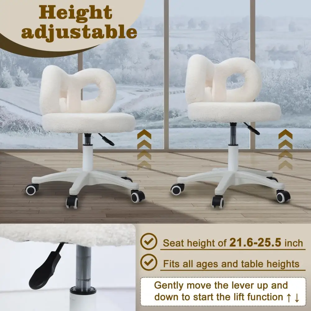 Swivel Vanity Chair with Wheels,Adjustable Height Strong Load Bearing Makeup Chair,Plush Cover Bowknot Back Home Office Chair