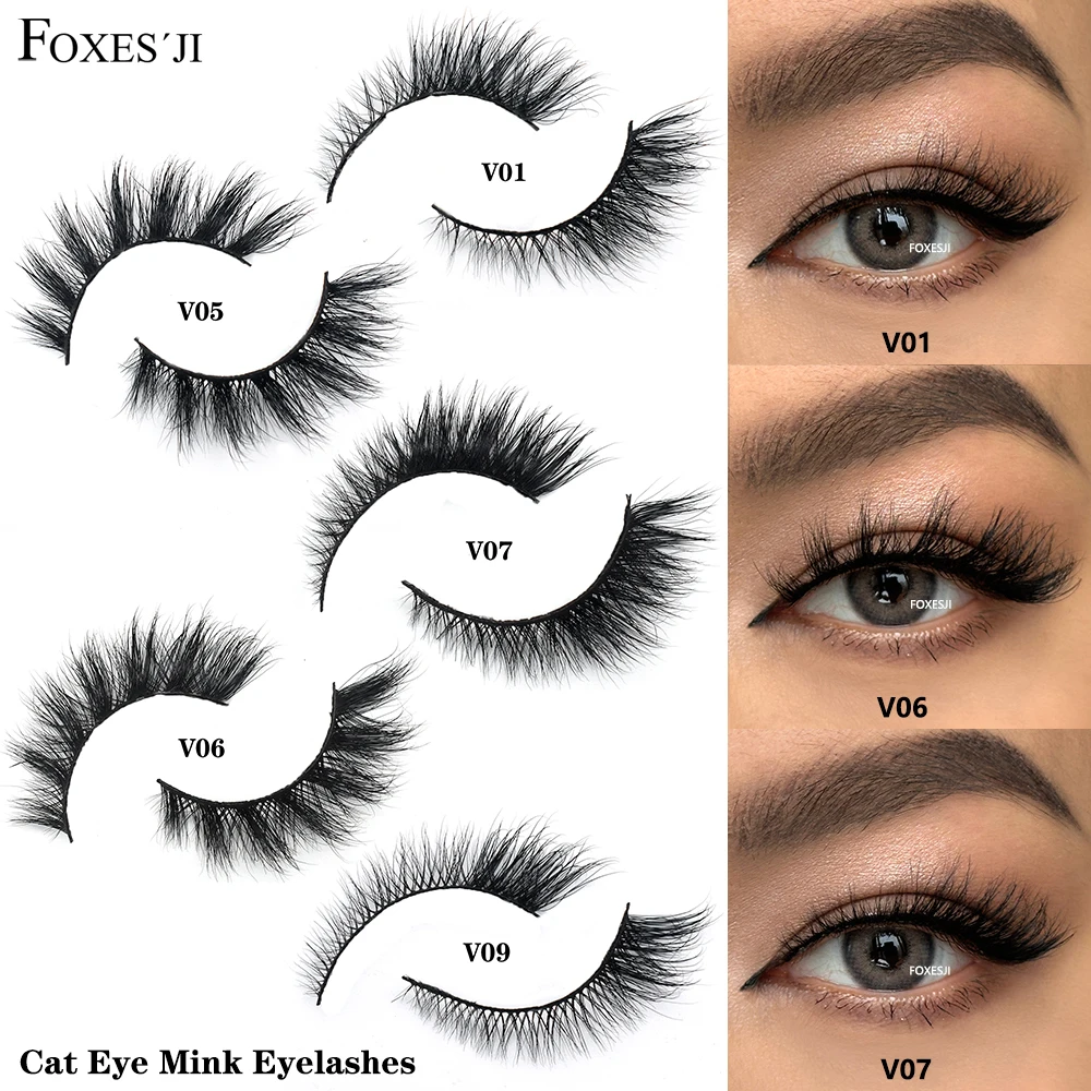 FOXESJI Mink Eye Lashes False Eyelashes Extensions Fluffy Wispy Soft Handmade Reusable Cross Full Cat Eye Mink Lashes Extension