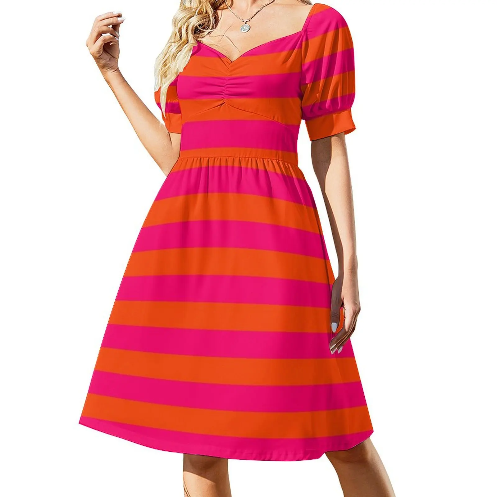 

Super Bright Neon Pink and Orange Horizontal Beach Hut Stripes Short-Sleeved Dress dresses summer woman 2025 clothes