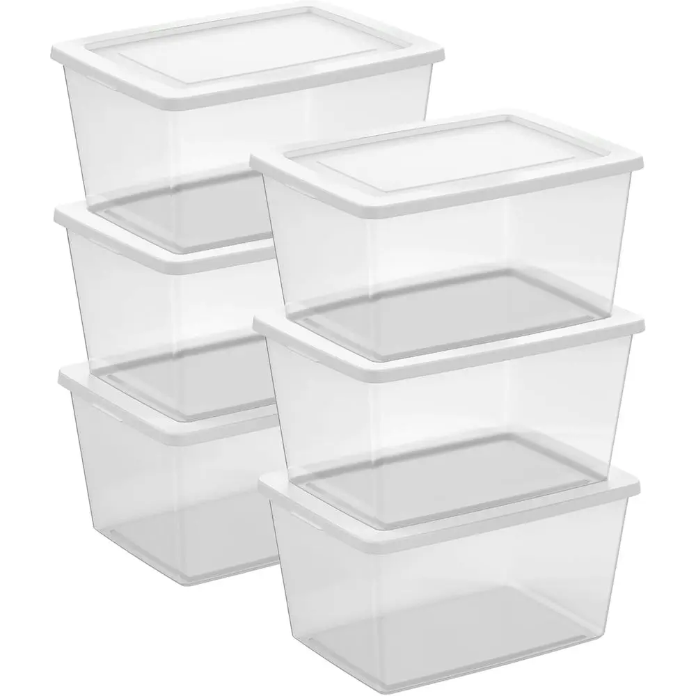 6-Pack Clear Storage Box, Stackable Container Bins with Lids, 58 Qt, White – Plastic Containers or Home, Closet, Bathroom, and O