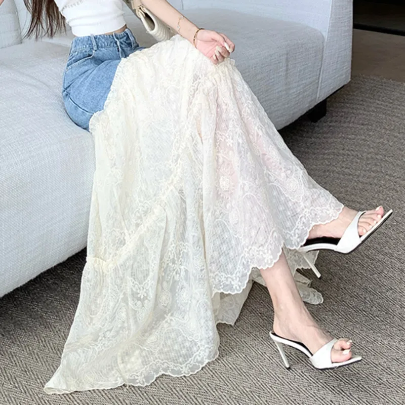 ANJY été nouvelles femmes douce jupe dentelle Patchwork Denim contraste couleur plissée élégant à la mode haute rue décontracté Y2K jupes A9695