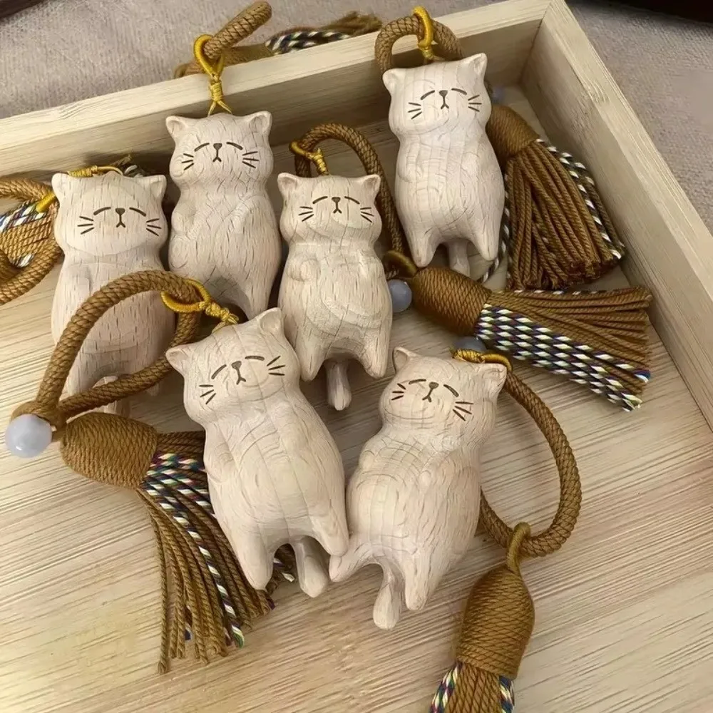 Tassel Handcrafted Wooden Cat Pendant Wooden Material Money Catching Cat Cat Keychain Bags Decoration Bag Pendant