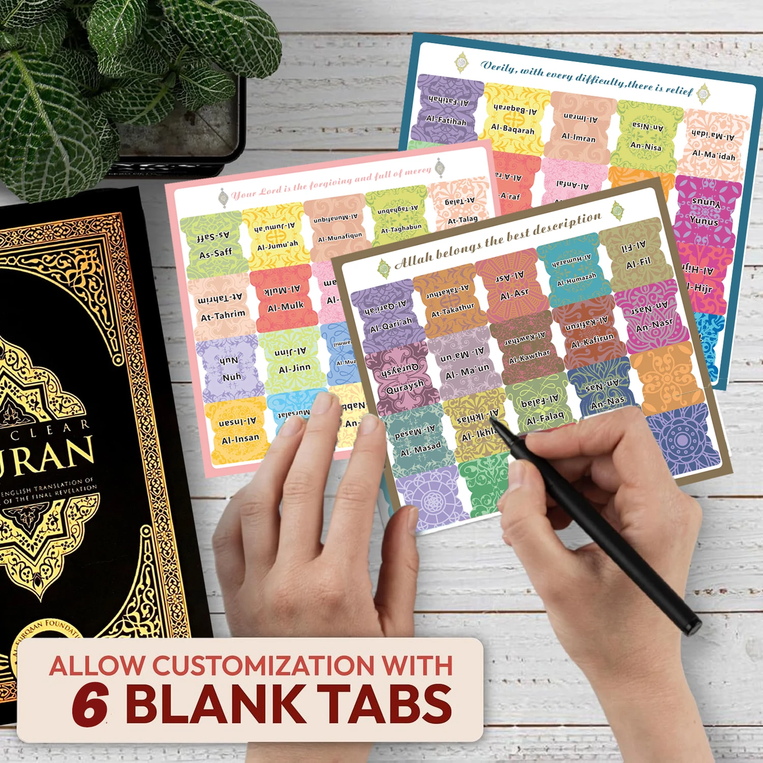 114 Quran Chapter Tabs & 6 Blank Tabs: Self-Adhesive, Tear-Resistant, Clearly Printed for Easy Quran Navigation And Decoration