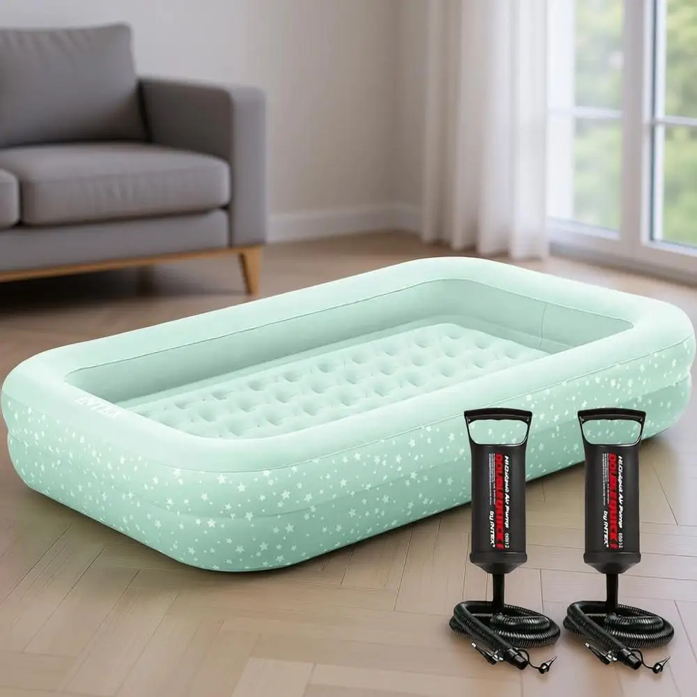 

Portable Inflatable Mattress with Raised Edges, Pump, and Carry Bag for Kids - Ideal for Travel, Camping, and Sleepovers (2 Pack