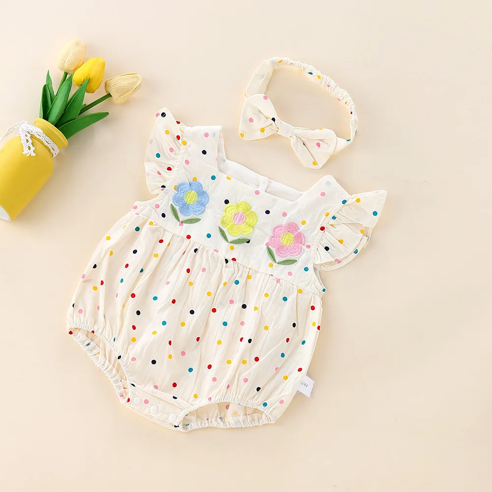 

Somenie Girls' Summer Short-Sleeve Triangle Bodysuit with Headpiece - Baby's Adorable Floral Embroidered Romper Thin Outfit