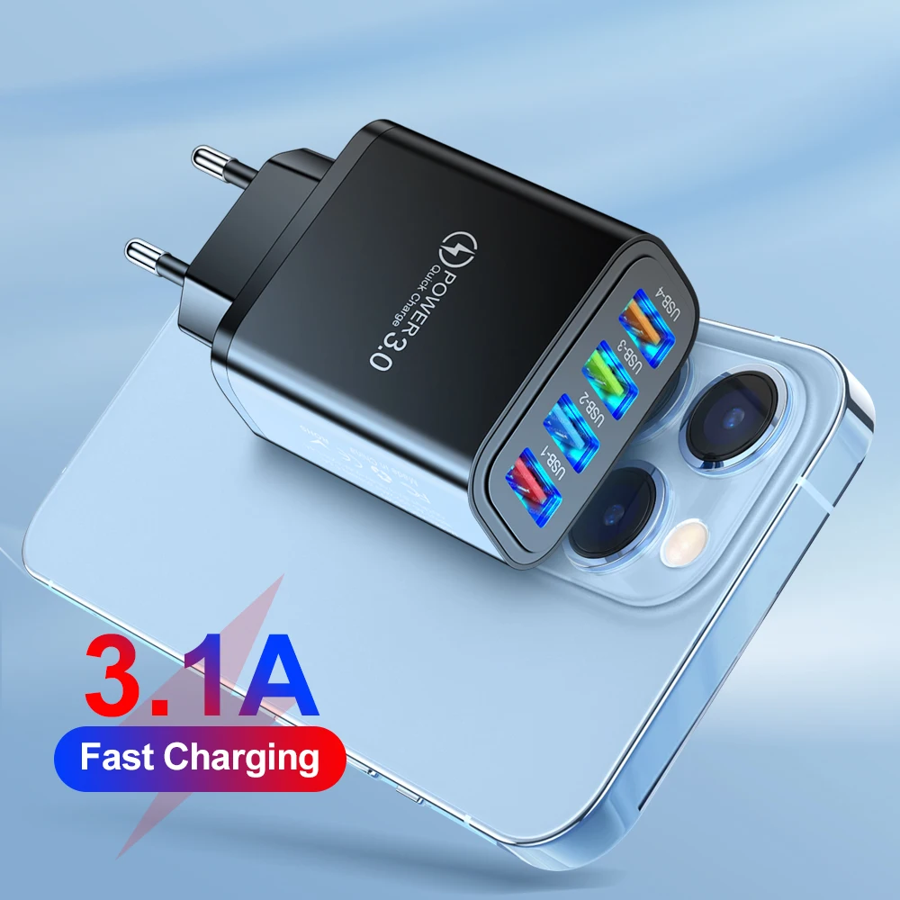 40W 4-Port USB C Charger QC3.0 3.1A Fast Wall Adapter for iPhone 16 Samsung Huawei Xiaomi EU US UK Plug Travel Charging Station