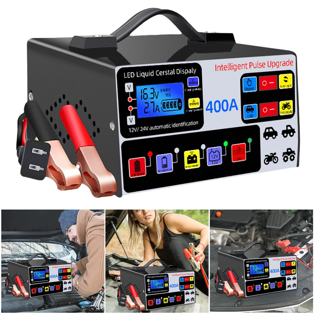 Cargador de batería de coche de alta resistencia 12/24V 400A cargador de batería de coche completamente automático 220W cargador de batería de reparación de pulso inteligente de alta potencia