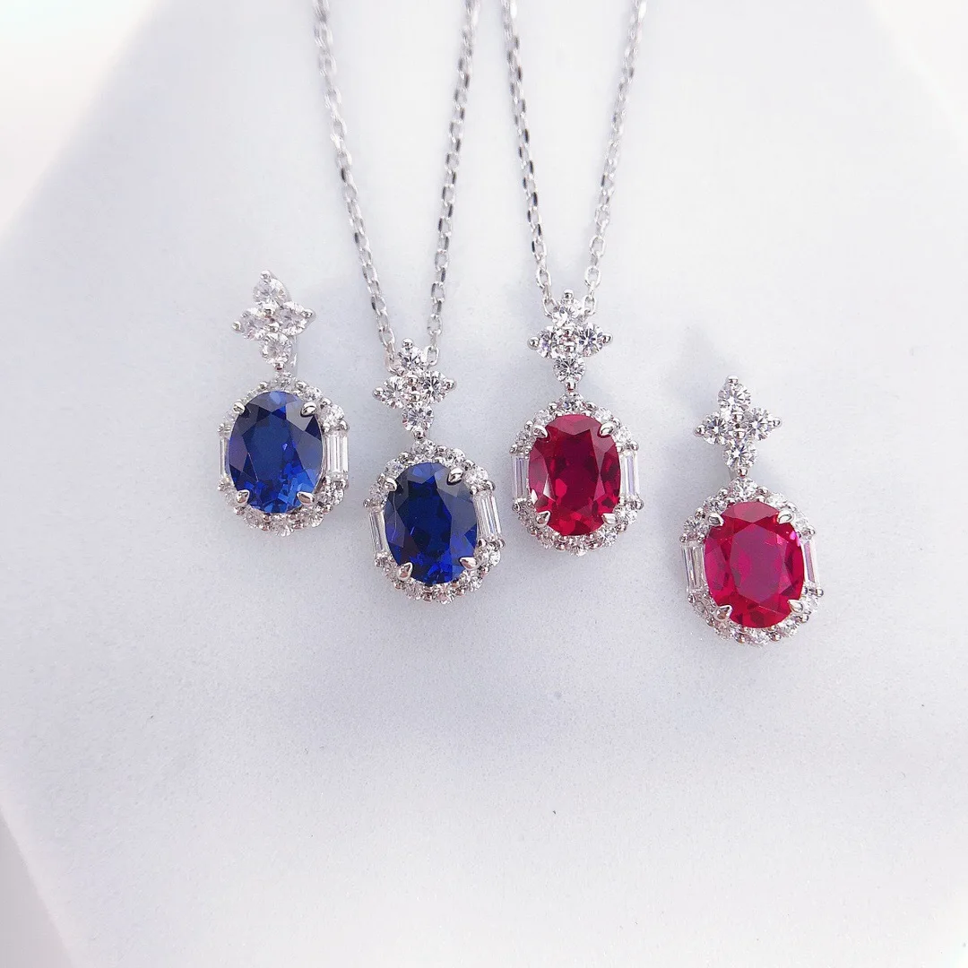 

Платиновое женское колье PT950, кулон в форме яйца с рубином и сапфиром длиной 1,5 карата, стильный универсальный элегантный аксессуар