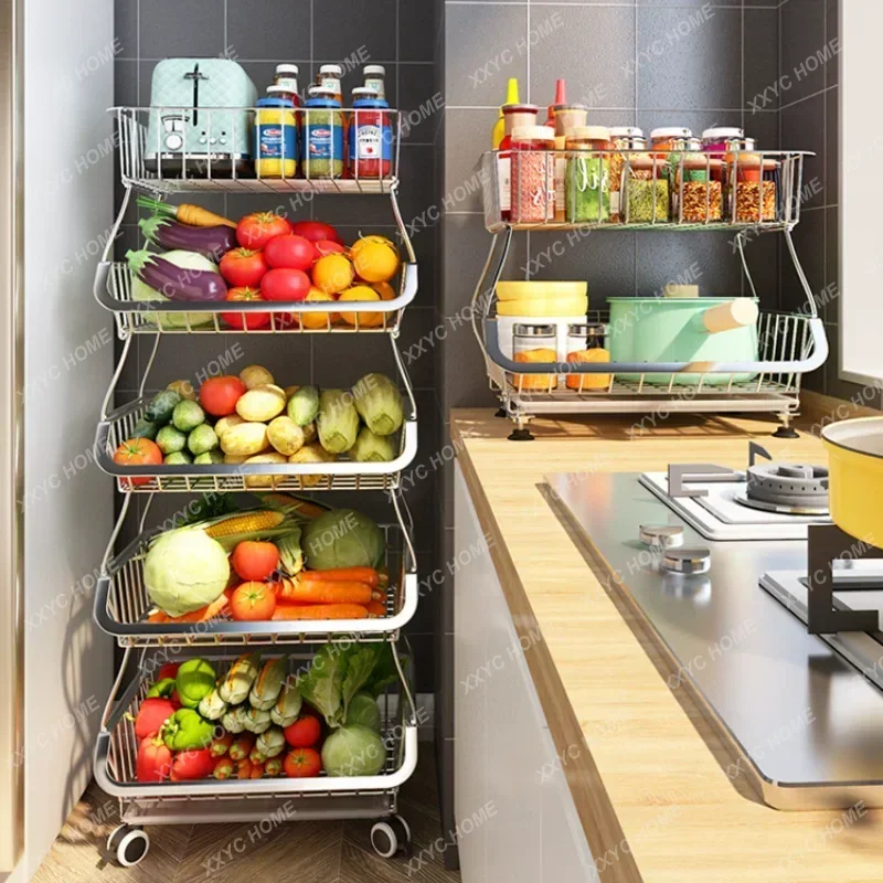 Kitchen Vegetable Rack Floor Multi-layer Wheelbarrow Household Vegetable Basket Fruit Basket Kitchen Storage Space Saving