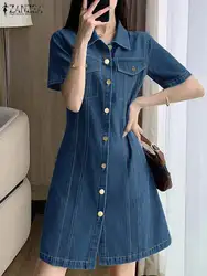 ZANZEA Fashion Women Denim Shirt Dress 2024 Krótki rękaw A Line Dress Summer Buttons Waist Vestidos Vintage Blue Denim Mini Robe