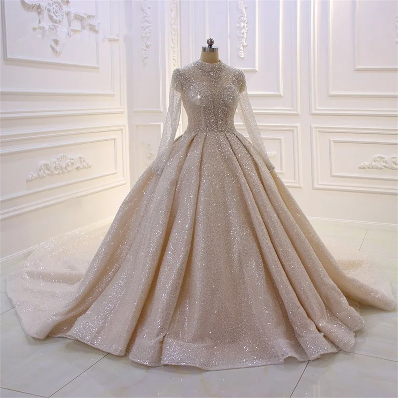 

Sparkly High-neck Satin Wedding Dresses Tulle Long Sleeves Back Lace-up Cathedral Train Bridal Ball Gowns with Beading Sequined