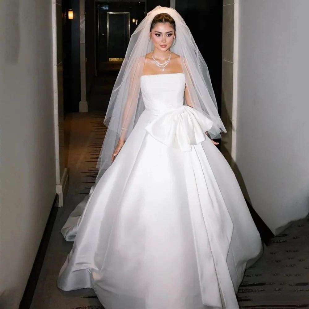 

Customized Exquisite Strapless Bow Wedding Gown Charming A-line Wedding Dress Sleeveless Ruched Bridal Dresses Vestidos De Noiva