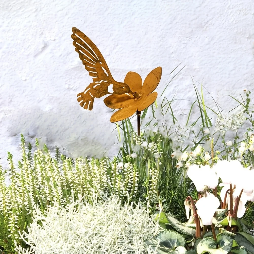Creative Iron Hummingbird Flower Garden Stake, Rustic Outdoor Yard Art Decoration For Patio Lawn Landscaping