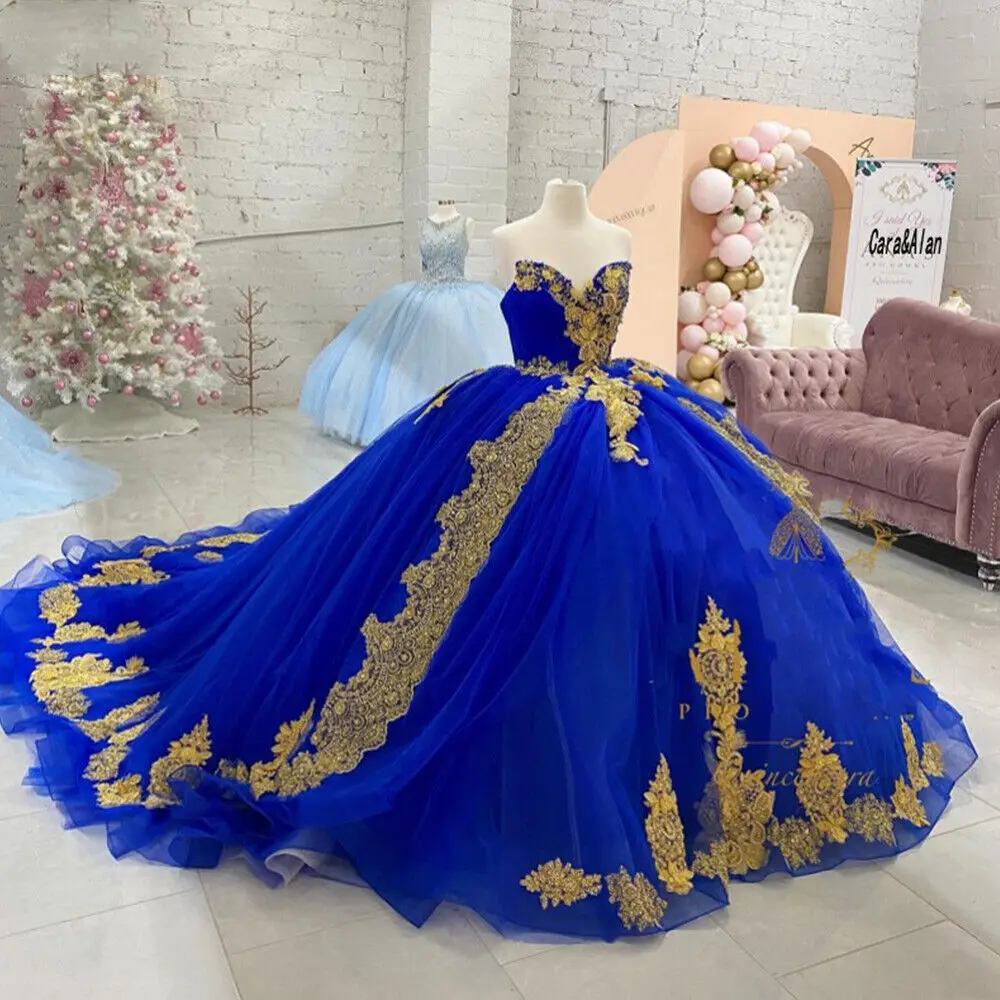 ANGELSBRIDEP gaun Quinceanera biru Royal gaun emas Applqiue renda manis 16 gaun Prom vestidos de 15 Anos gaun Formal disesuaikan