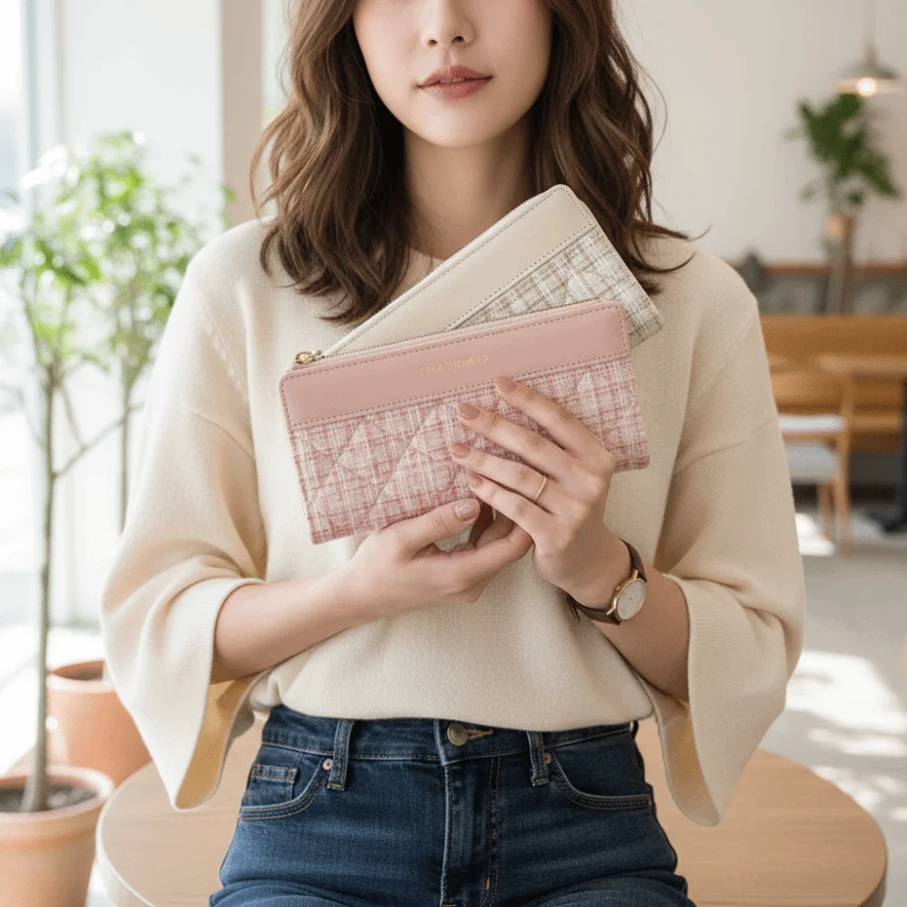 

Coin Pouch Portable Women Long Wallet Card Pouch Multiple Card Two Fold Purse Classic Printed PU Handheld Bag Work