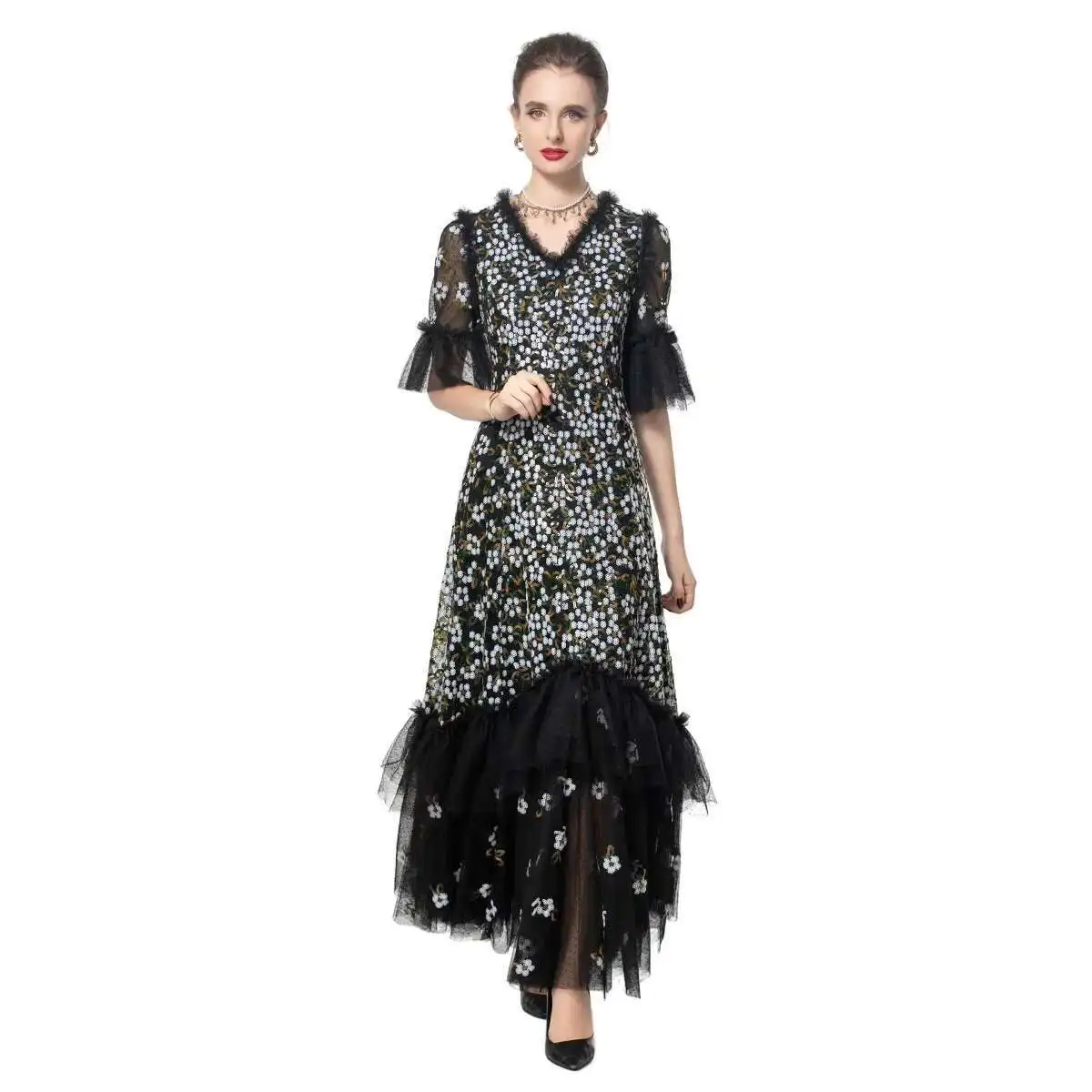 Luxo 2025 primavera flor bordado festa lantejoulas vestido longo feminino manga curta camadas babados bolo vestidos de noite