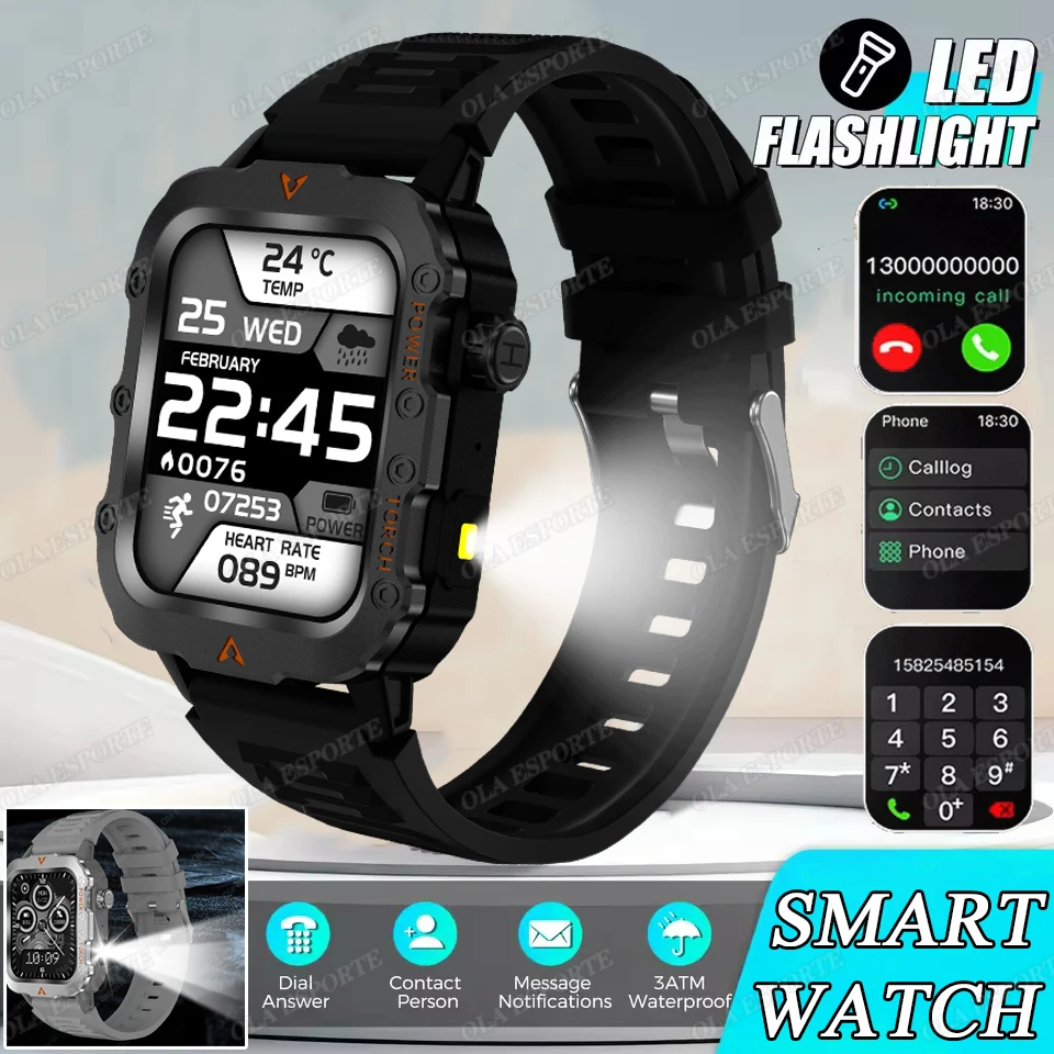 

New Outdoor Military Sports Smart Watch Led Lighting Men Women Hearlth Monitor Watches Bluetooth Call GPS track Smart Watch 2025