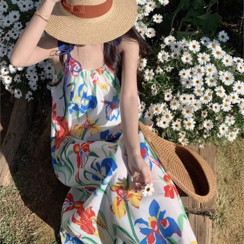 Abito da donna con cinturino floreale in stile vacanza al mare in Chiffon