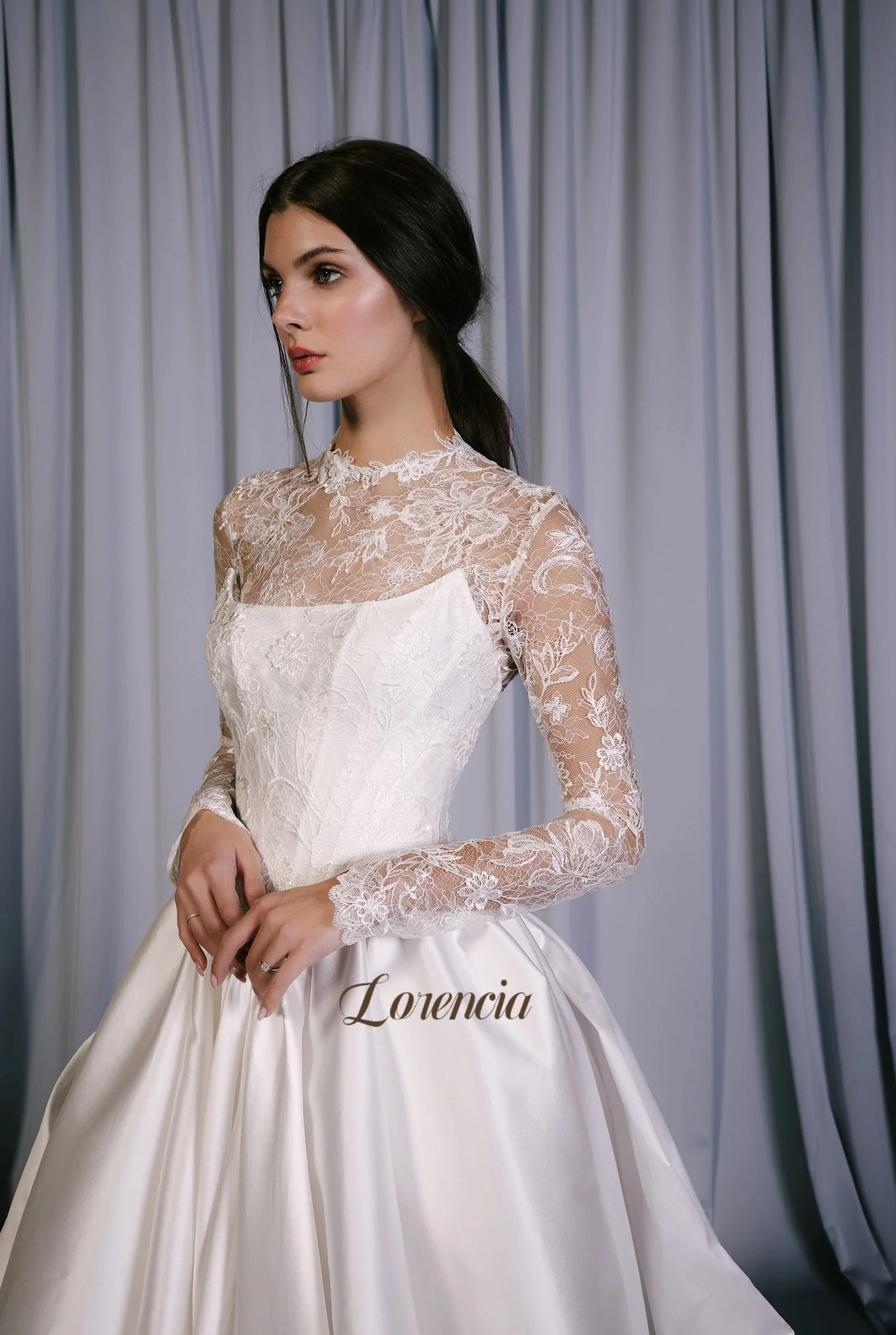 Lorencia Elegant Long Sleeves Satin Wedding Dresses Sheer Lace Neckline Basque Waist A-Line Bridal Gowns Customized