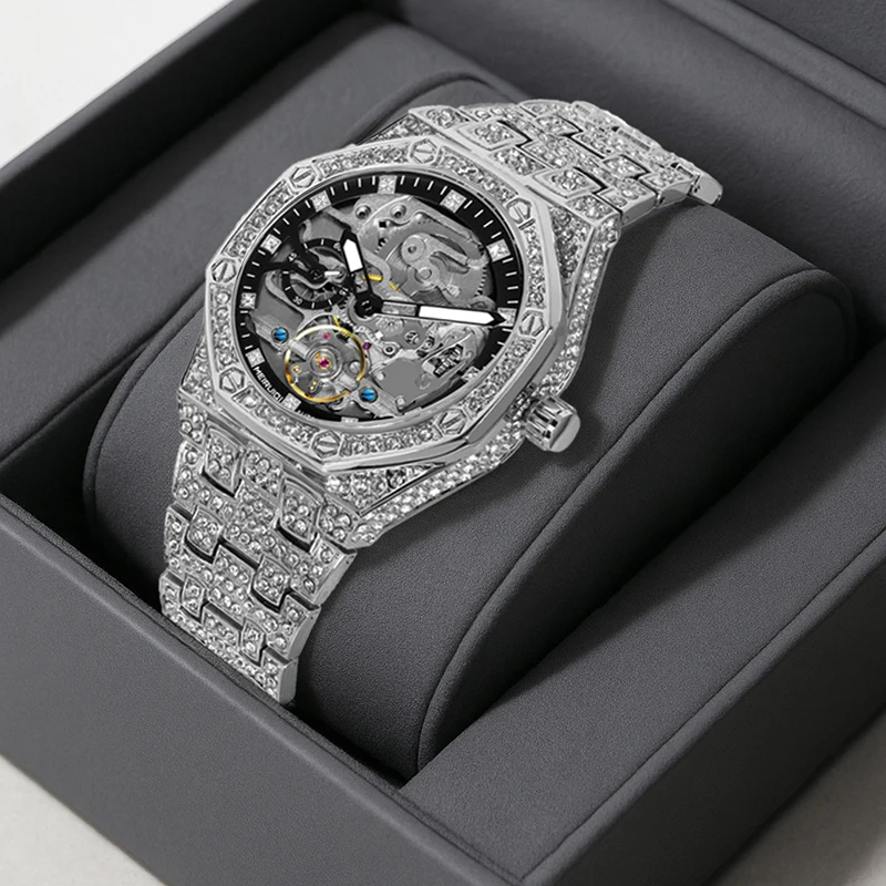 A Men's Silver Elegant Style Gorgeous Starry Sky Automatic Tourbillon Mechanical Watch