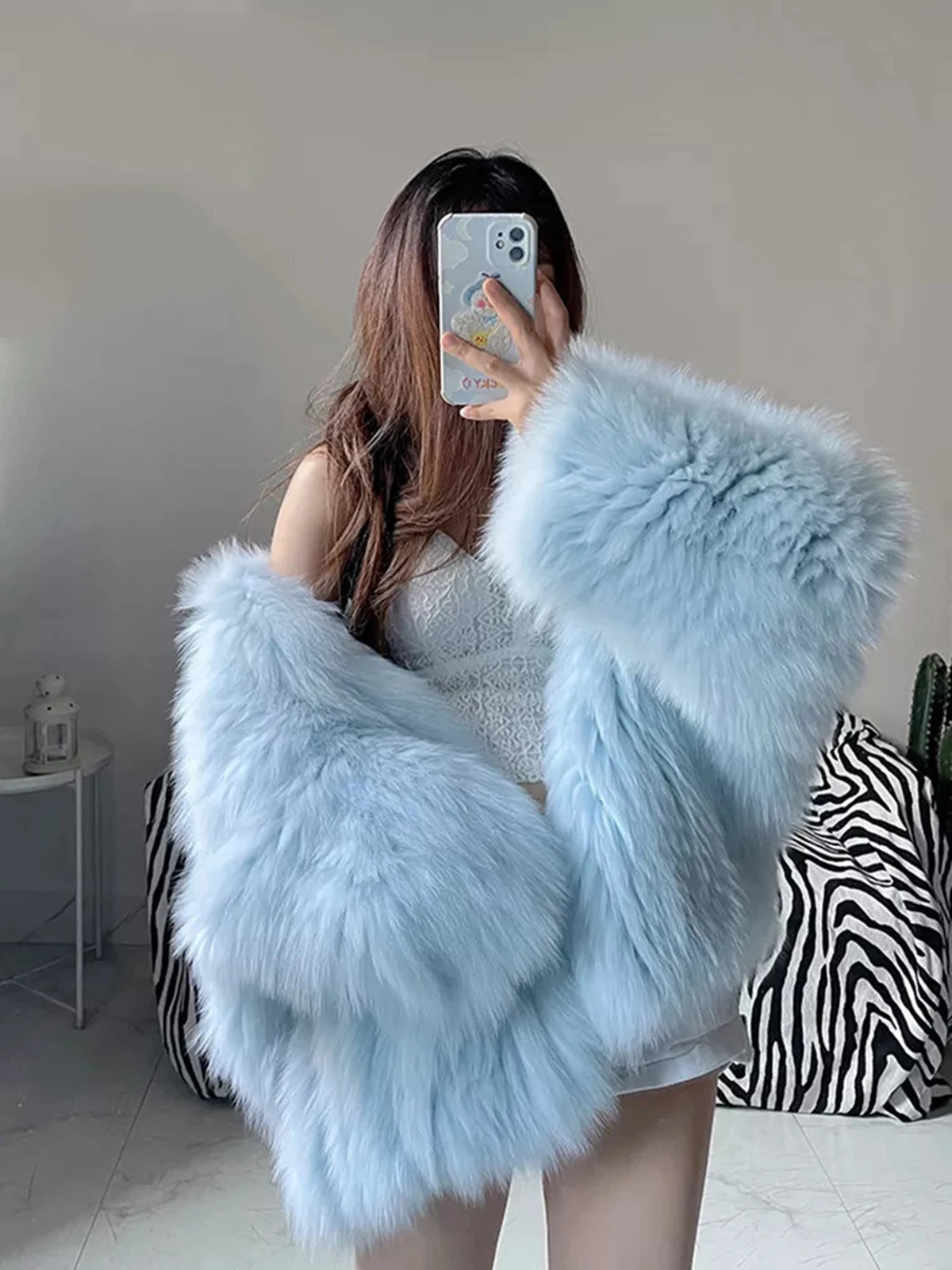 

Women's Fall Winter Faux Fur Hooded Jacket Street Style Bats Sleeve Loose Patchwork Thick Cardigan Coat