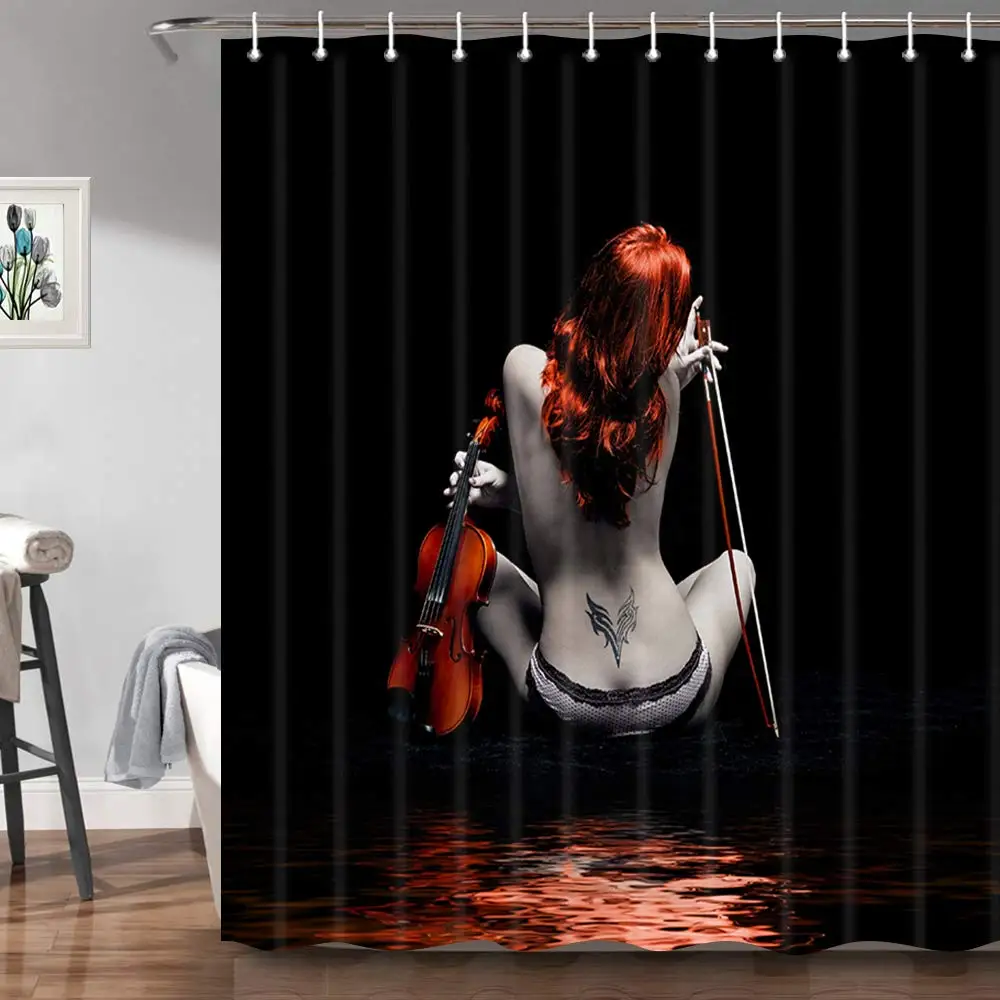 Fashion Sexy Woman Shower Curtain for Bathroom,Naked Tattoo Girl with Violin In Black Shower Curtain,Body Art Bath Curtain Sets