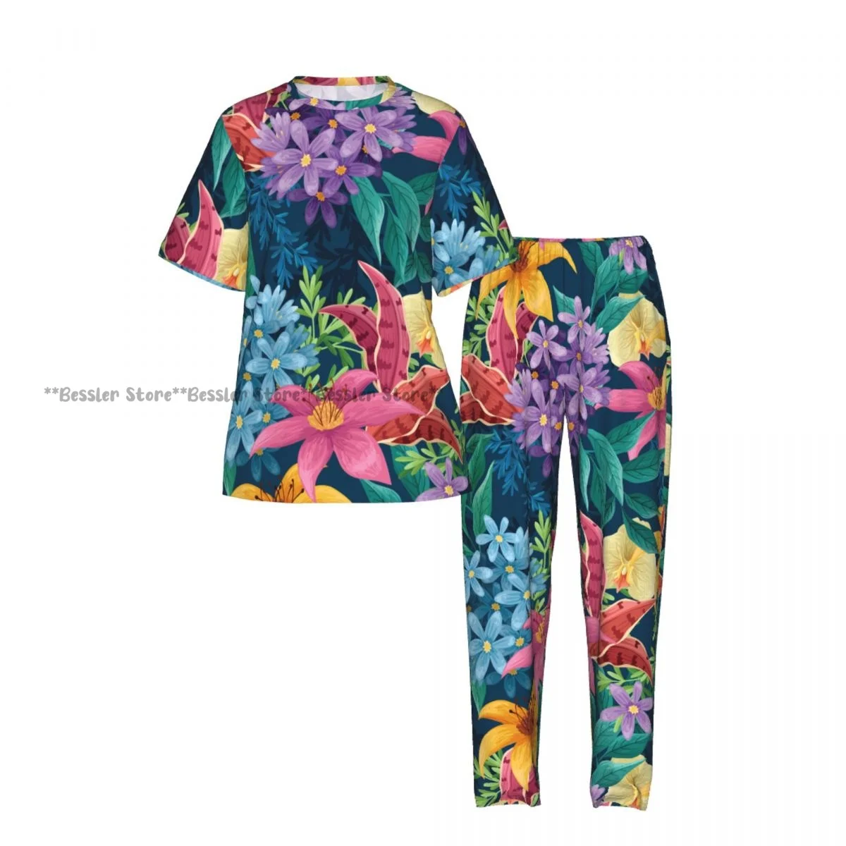 Women Pajama Sets Lounge Sleepwear Exotic Floral Short Sleeve Nightwear