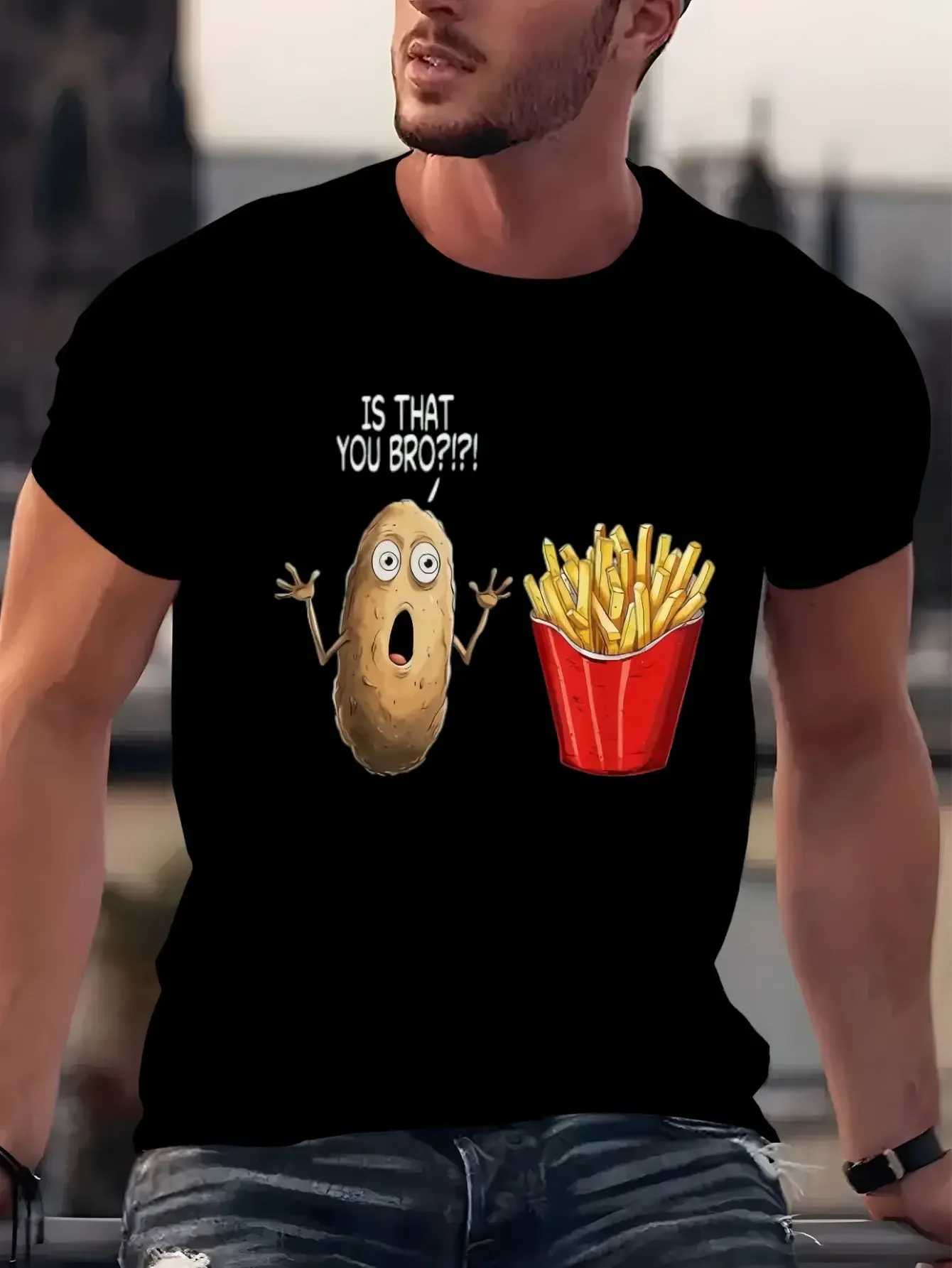 Funny Is That You Bro Potato French Fries Graphic T-Shirt Men Humor Food Pun Print Crew Neck Short Sleeve Casual Tops